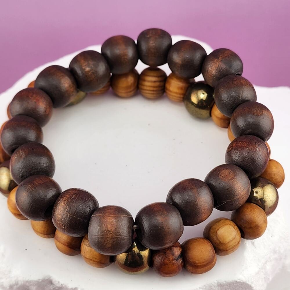 Vintage Brown Wood Bead Stretch Bracelet Set of 2 Gold Tone Chunky Boho